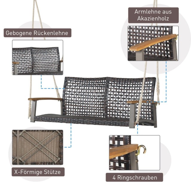 Costway  Διθέσια Κρεμαστή Κούνια από PE-Rattan με Ακακία και Αντοχή έως 360 kg HW69767
