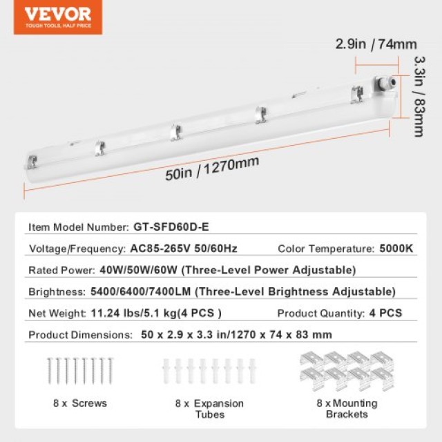VEVOR 4x LED Φωτιστικό Ανθεκτικό 4FT 60W/50W/40W Επιλέξιμο 5400/6400/7400LM  FZQD4FT4JT4076OY5V7