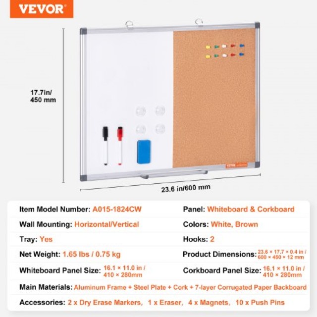 VEVOR Πίνακας Λευκός & Φελλός 24x 18 με Αλουμινένιο Πλαίσιο για Σχολείο & Σπίτι  RMB24X18BBRMDD95DV0