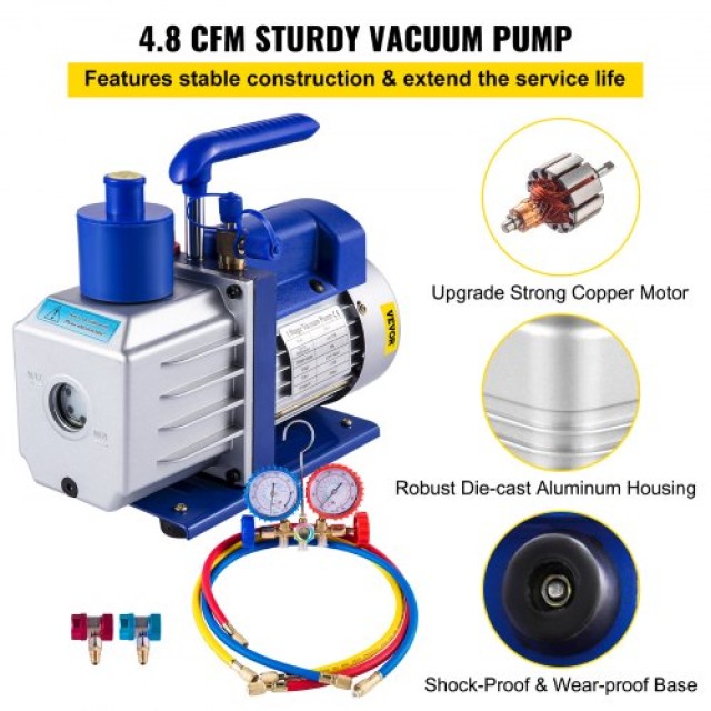 VEVOR Αντλία Κενού 4.8CFM HVAC Ψύξη R22 R134A R410A 4 Σωλήνες Μανόμετρο  4.8CFM1/3HPZKB3F1V2