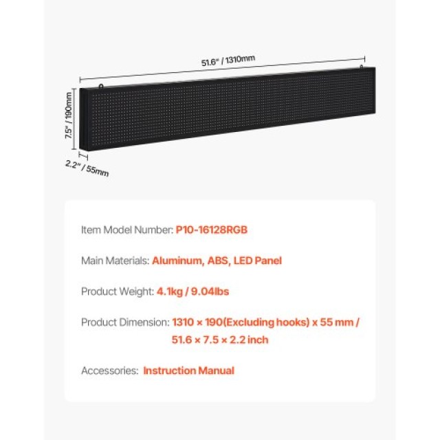 VEVOR Πολύχρωμη Ψηφιακή Πινακίδα LED 52x8in P10 με Προγραμματιζόμεν...
