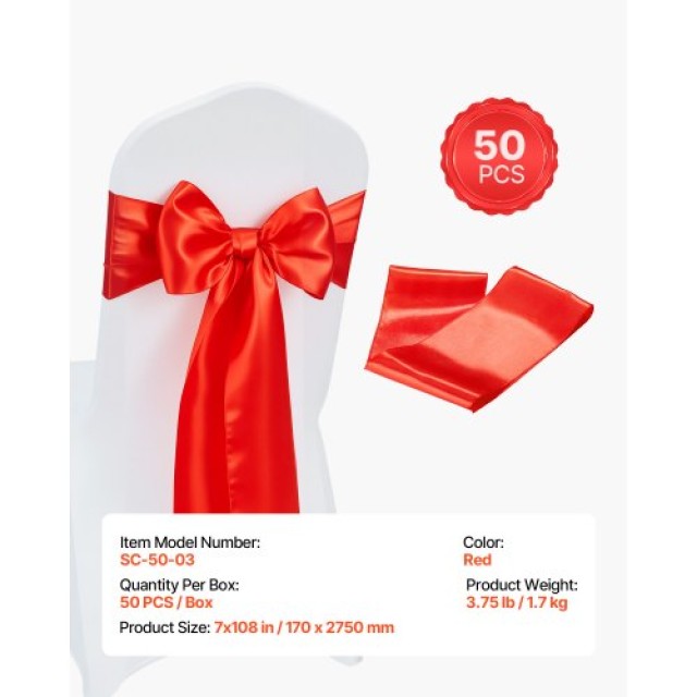 VEVOR Κορδέλες Καρέκλας από Σατέν 50PCS με Διάσταση 7 x 108 ιντσών,... VEVOR Κορδέλες Καρέκλας από Σατέν 50PCS με Διάσταση 7 x 108 ιντσών,...