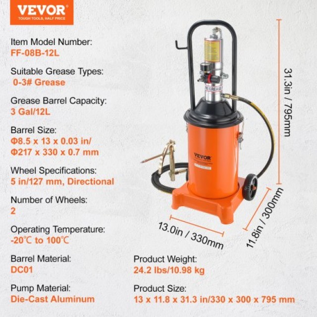 Αντλία Γράσου VEVOR 12L, Αεροκίνητη με Λάστιχο & Πιστόλι, Φορητή με Ρόδες  HYJ3JLDT0000XHUHBV0