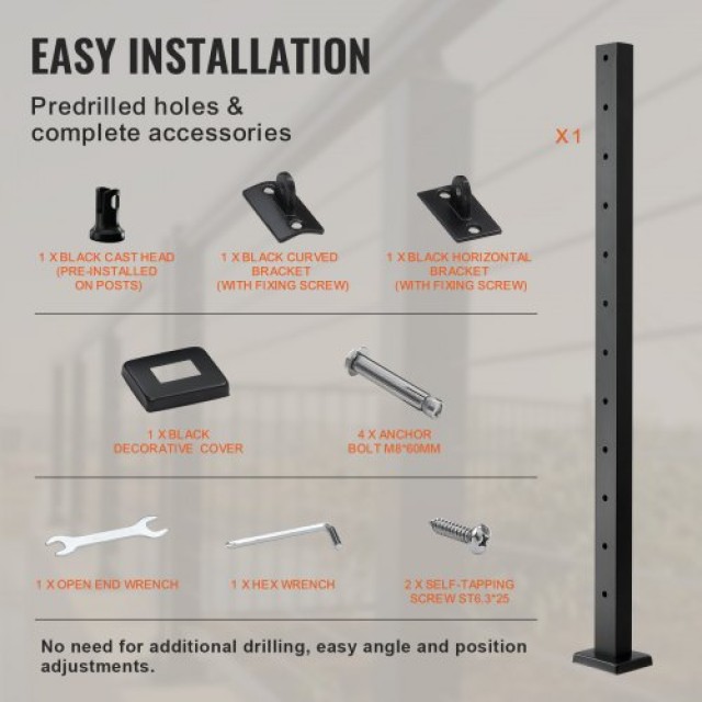 VEVOR Κολόνα Κάγκελου 42x1x2in Οριζόντια Τρύπα Μαύρη 1-Τεμάχιο  LGZ...