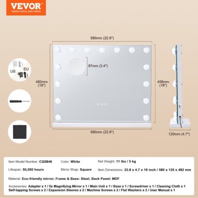 VEVOR  Καθρέφτης Μακιγιάζ Hollywood με Φώτα και USB 22.8x18.1 ιντσώ...