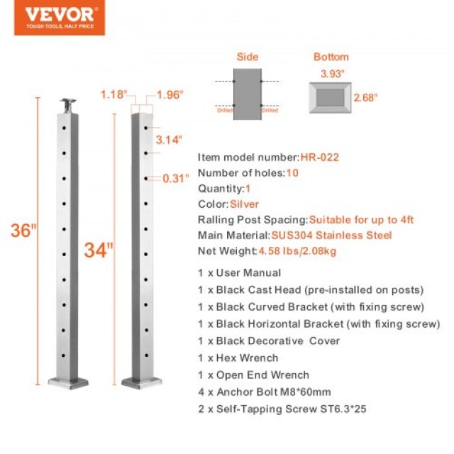 Κολόνα Κάγκελου VEVOR 36x1x2in Οριζόντια Τρύπα Ασημί 1τμχ  LGZYY91.42.551C3JV0