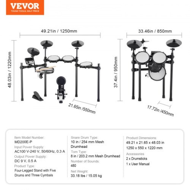 VEVOR Ηλεκτρονικό Σετ Τυμπάνων με 480 Ήχους για Αρχάριους & Ενήλικε...