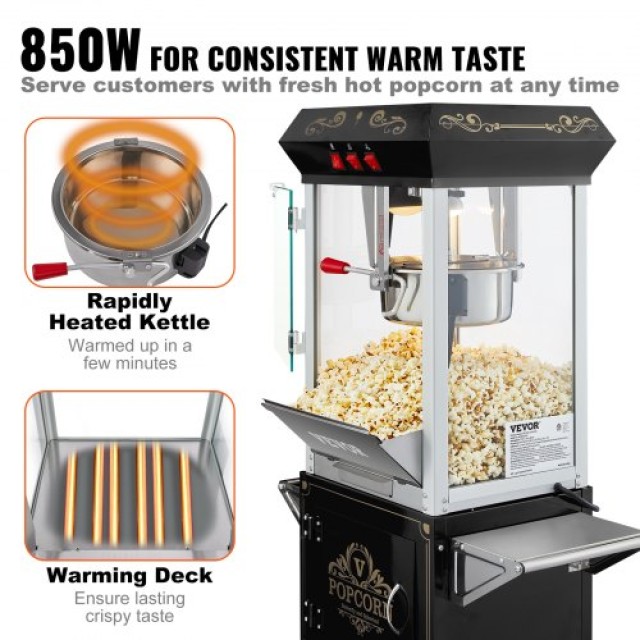 VEVOR  Μηχανή Παρασκευής Ποπκόρν με Καρότσι 850W 8 Oz 48 Κούπες Μαύρο CSBMHJ8OZ850NDZETV2