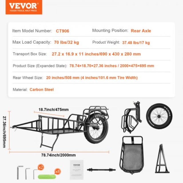 VEVOR Τρέιλερ Ποδηλάτου, Φορτίο 70 lbs, Ανθεκτικό Καρότσι, Γρήγορη Αποδέσμευση, 20 Τροχοί, Ανθρακοχάλυβας YYKHZ1100B00YZHG7V0