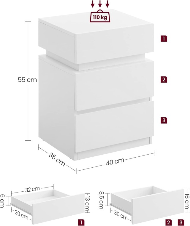Κομοδίνο με LED Φωτισμό & 3 Συρτάρια – 35 x 40 x 55cm Λευκό LET630T10V1 VASAGLE