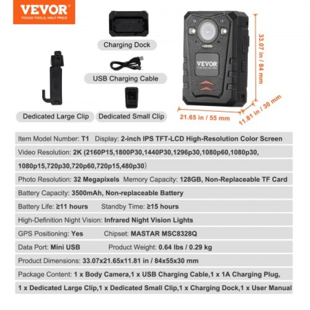 Κάμερα Σώματος VEVOR 1440P 128G με GPS και Νυχτερινή Όραση  JYZFJLY1440PX6Z6GV2