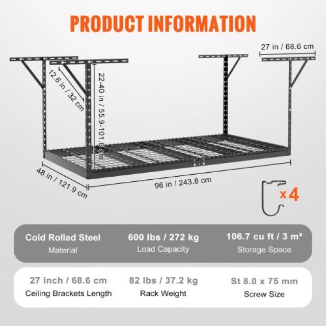 Ράφι Οροφής Γκαράζ VEVOR, 48x96, 600 lbs, Ρυθμιζόμενο, Μαύρο  CKTHBCWJZHS48CM3LV0