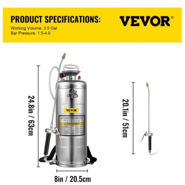 Ψεκαστήρας Ανοξείδωτος VEVOR 12L για Κήπο & Καθαρισμό Δαπέδων  PWQBXG12L00000001V0