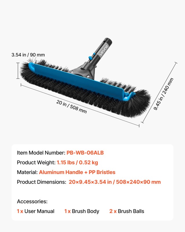 VEVOR Κυρτή Βούρτσα Πισίνας 508mm με Αποσπώμενες Πλευρικές Βούρτσες...