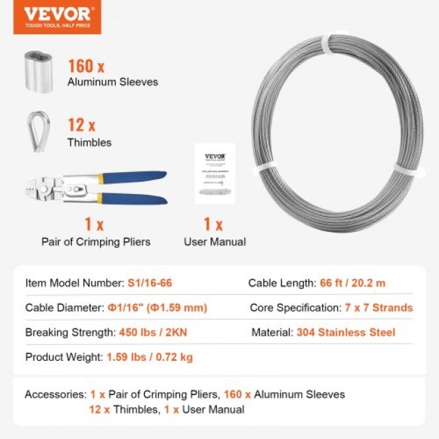VEVOR  Καλώδιο Ανοξείδωτου Χάλυβα T304 1/16 7x7 20m για Κάγκελα BXGGSSBXG304Y2XLIV0