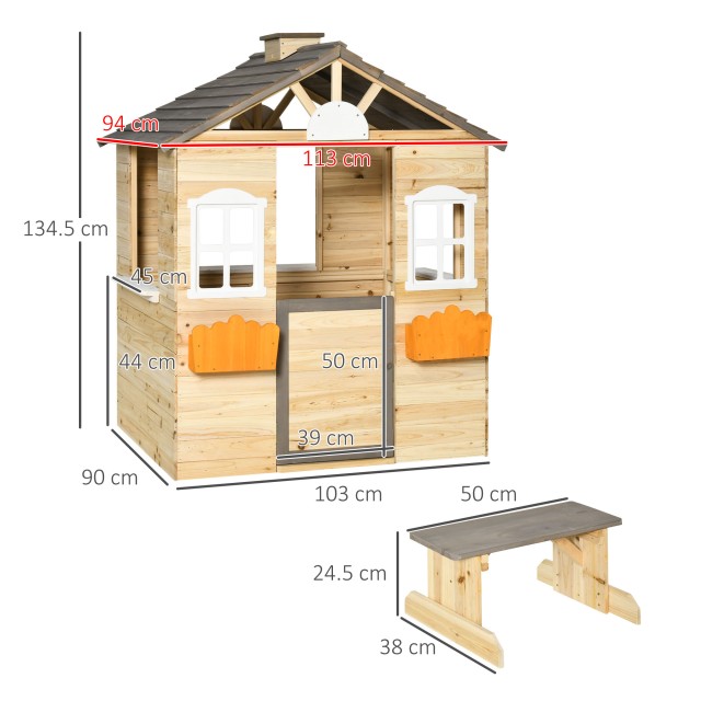 Outsunny Little House για Παιδιά 3-7 ετών με 2 παράθυρα με θήκη για γλάστρα και πάγκο, σε ξύλο ελάτης και PP, 113Lx94x134,5 cm 345-024