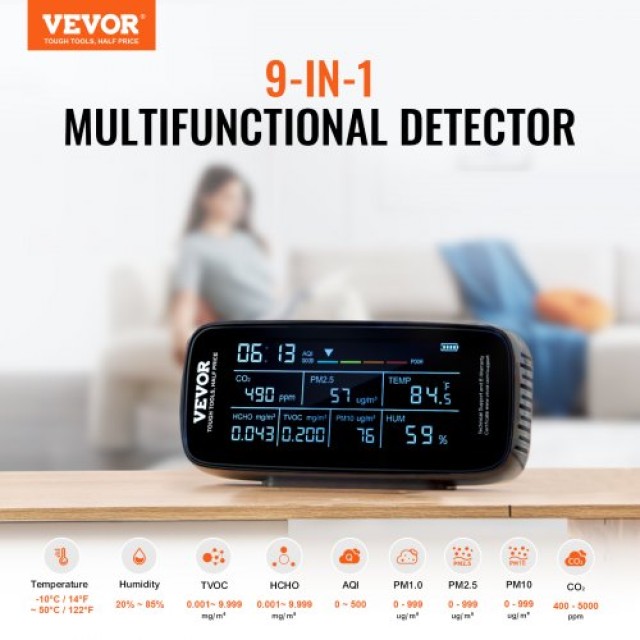 VEVOR Πολυλειτουργικός Ανιχνευτής Ποιότητας Αέρα 9-σε-1: CO2, PM1.0/2.5/10, HCHO, TVOC PXSKQZLCSYTMTON89V9