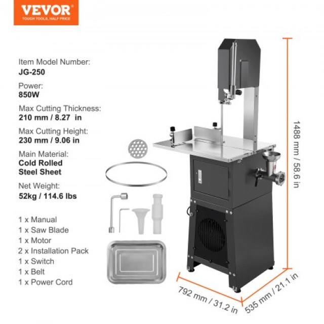 VEVOR 850W Επαγγελματικό Ηλεκτρικό Πριόνι Κρέατος & Οστών από Ανοξείδωτο Ατσάλι  JJSJGJ850WTQSHLOKV2