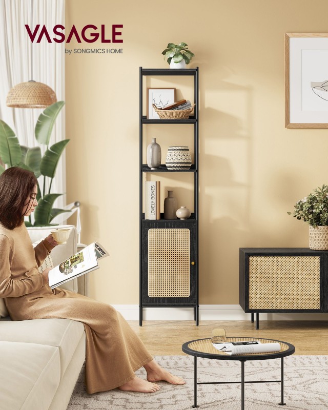 VASAGLE Βιβλιοθήκη 6 Επιπέδων με Πόρτα Rattan, Ραφιέρα για Σαλόνι 