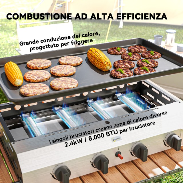 Outsunny Πλάκα Μπάρμπεκιου Αερίου με 4 Καυστήρες 2.4kw και Αντικολλητική Επιφάνεια, 77x44.5x19cm, Ασημί 846-133V52SR
