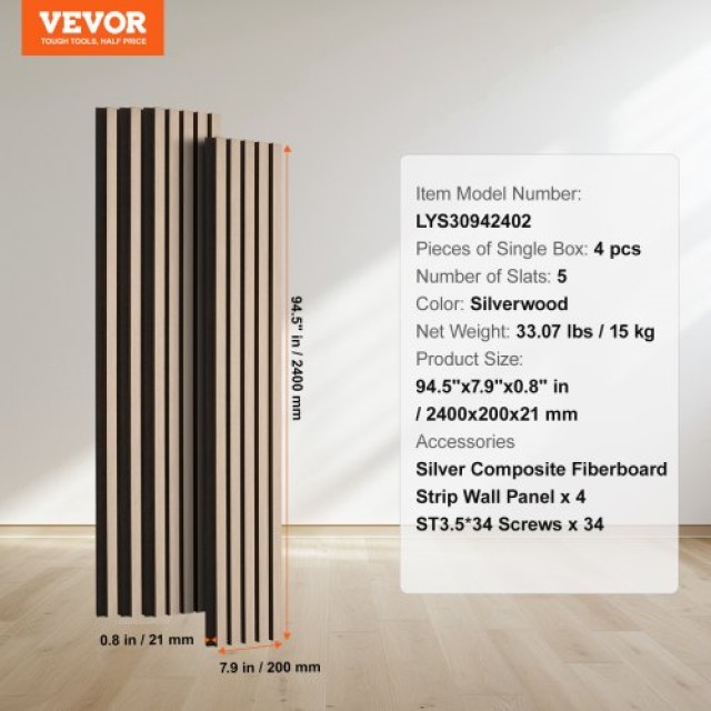 VEVOR  Ακουστικά Πάνελ Ξύλου 20x240cm για Μοντέρνα Διακόσμηση Τοίχου Ασημί Ξύλο FHXWBTQBYML7LX06FV0