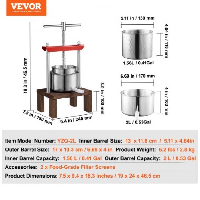 Πρέσα Φρούτων VEVOR 2L, Χειροκίνητη για Χυμούς & Έλαια  TSGJYZJMXJ2LTCGH1V0