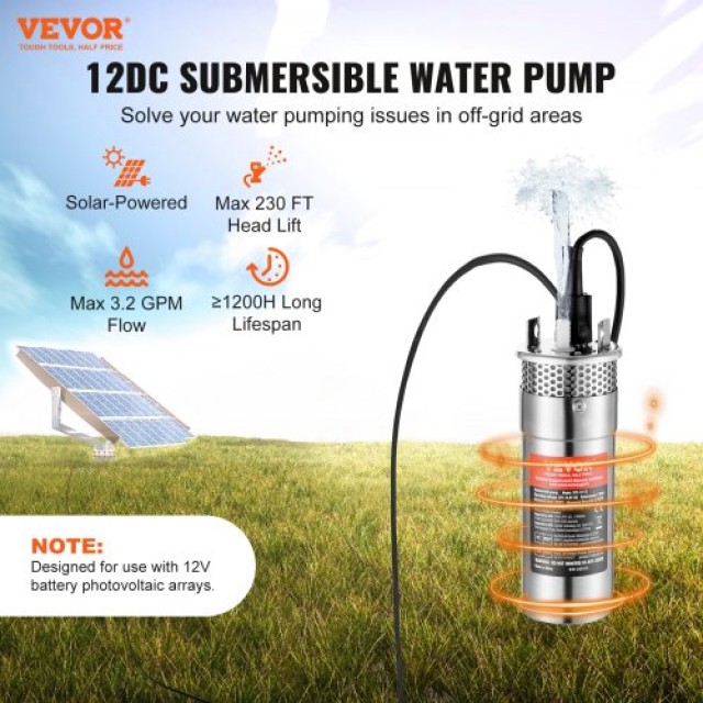 Ηλιακή Αντλία Νερού VEVOR 12V, 120W Υποβρύχια Αντλία για Πηγάδι  TYNSB120W32G994QHV9