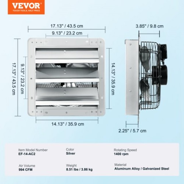 VEVOR Ανεμιστήρας Εξαερισμού Τοίχου 356 mm 994 CFM  BYCSPQSACDJ1BBOUXV2