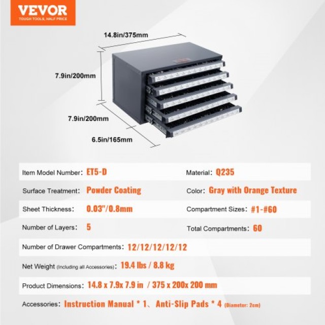 Ντουλάπι Οργάνωσης Τρυπανιών VEVOR, Πεντάσυρτο Ντουλάπι για Τρυπάνια #1 έως #60  ZTFPGJX1D60WON2CZV0