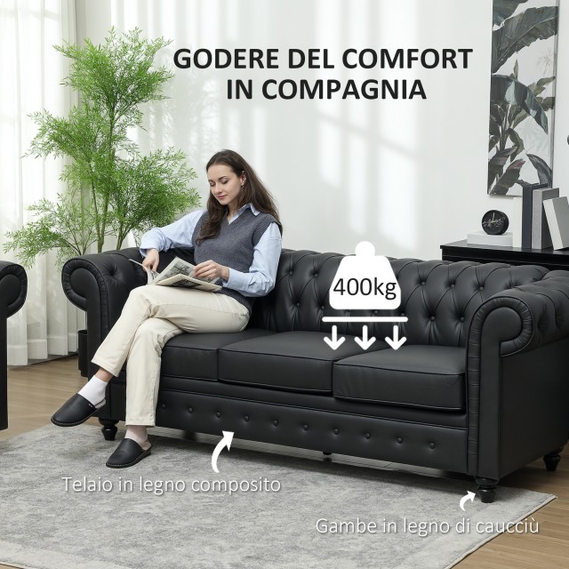 HOMCOM Τριθέσιος Καναπές Στυλ Chesterfield Καπιτονέ με Ενσωματωμένα Ελατήρια, Συνθετικό Δέρμα, 213x86x79 εκ., Μαύρο 83B-246V00BK