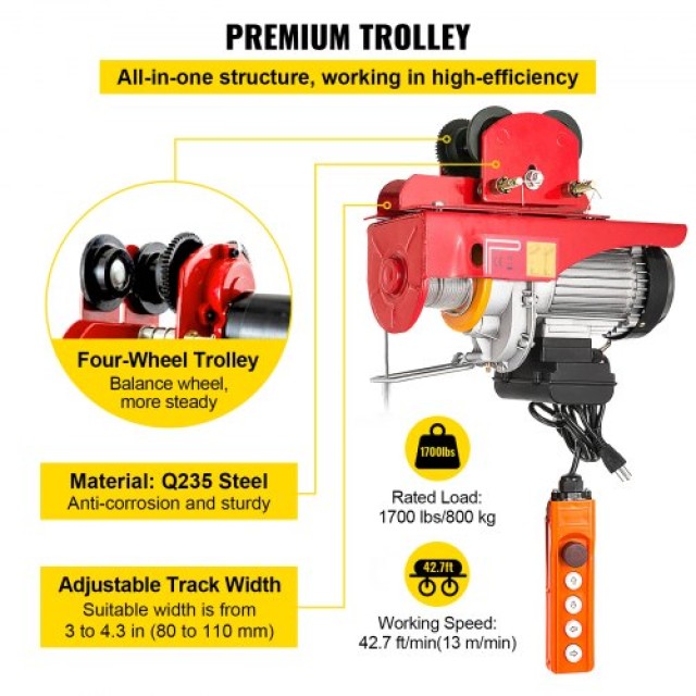 Ηλεκτρικός Γερανός VEVOR 800Kg/1700Lbs 1300W με Τρόλεϊ 12M/40Ft  DDHL800KGXCZH0001V2