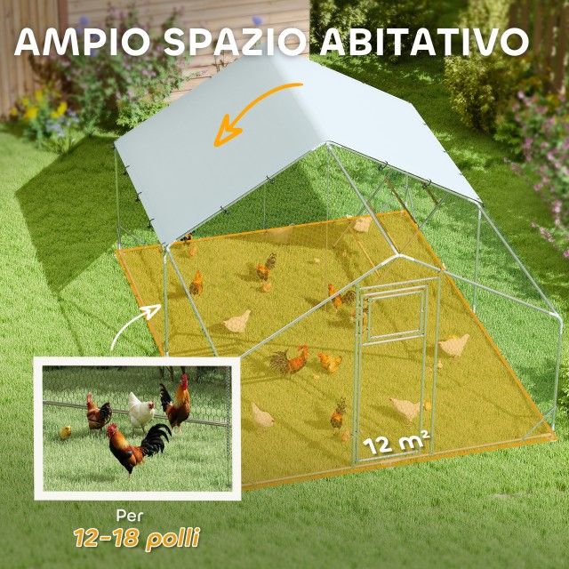 PawHut  Περίφραξη για Κοτόπουλα 12m² για 12-18 Ζώα με Αδιάβροχη Στέγη, Ταΐστρα και Κούρνια, 3x4x1.9m, Ασημί  D51-436V01SR