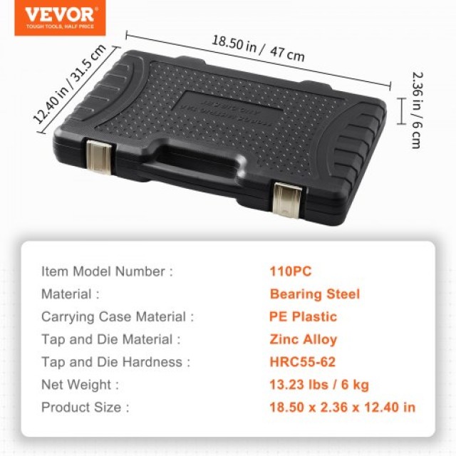 VEVOR  Σετ Κοχλιών & Κοπτικών 110τμχ, Μετρικά M2-M18, Ατσάλι Ρουλεμάν, Εργαλείο Σπειρώματος με Αξεσουάρ & Θήκη SZHMJZSZBY110IQY2V0