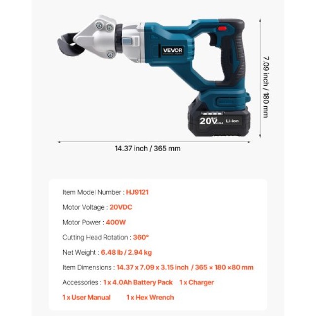 VEVOR Ασύρματο Ψαλίδι Μετάλλου με Περιστρεφόμενη Κεφαλή 360 Μοιρών ...