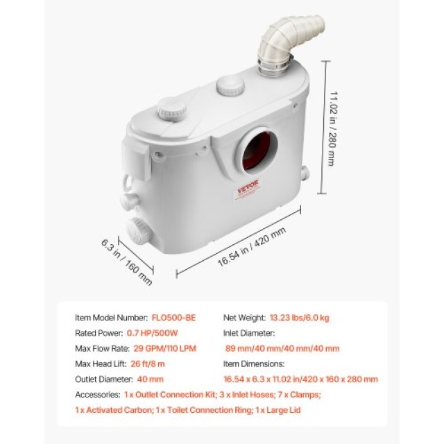 VEVOR Αντλία Μακερατέρ 500W για Τουαλέτα και Νιπτήρα Υπογείου MTJZB...