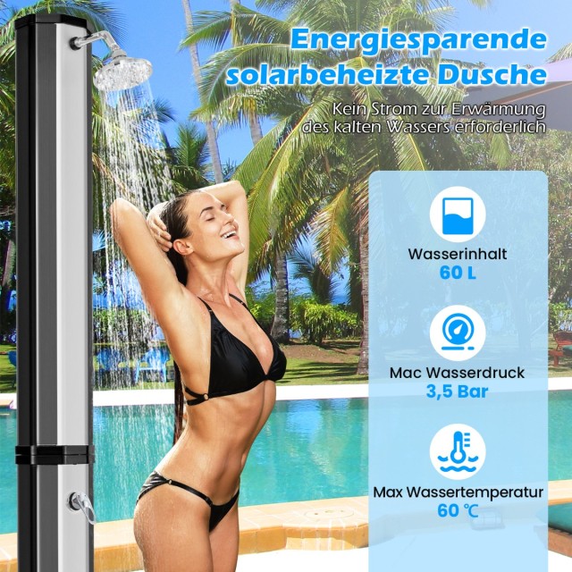 Costway  Ηλιακό ντους κήπου 60 λίτρων με προστατευτικό κάλυμμα έως 60°C με περιστρεφόμενο ντους Μαύρο και Ασημί NP12033HS