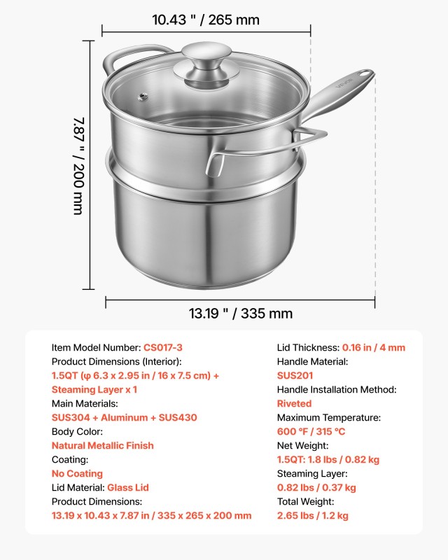 VEVOR Κατσαρόλα 1.5QT με Ατμομάγειρα (φ 16x7.5 εκ) από Ανοξείδωτο Χ... VEVOR Κατσαρόλα 1.5QT με Ατμομάγειρα (φ 16x7.5 εκ) από Ανοξείδωτο Χ...