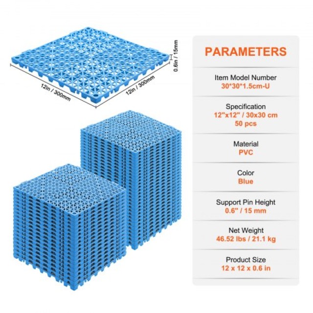 Σετ 50 Μπλε Αποστραγγιστικών Πλακιδίων VEVOR 30x30 εκ.  HZXSJDD1212YAA9J2V0