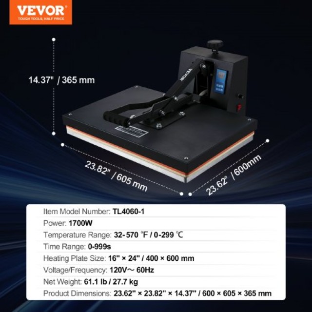 Μηχανή Θερμομεταφοράς VEVOR 16 x 24 για DIY T-shirt  GDSYD1624110VE26IV2