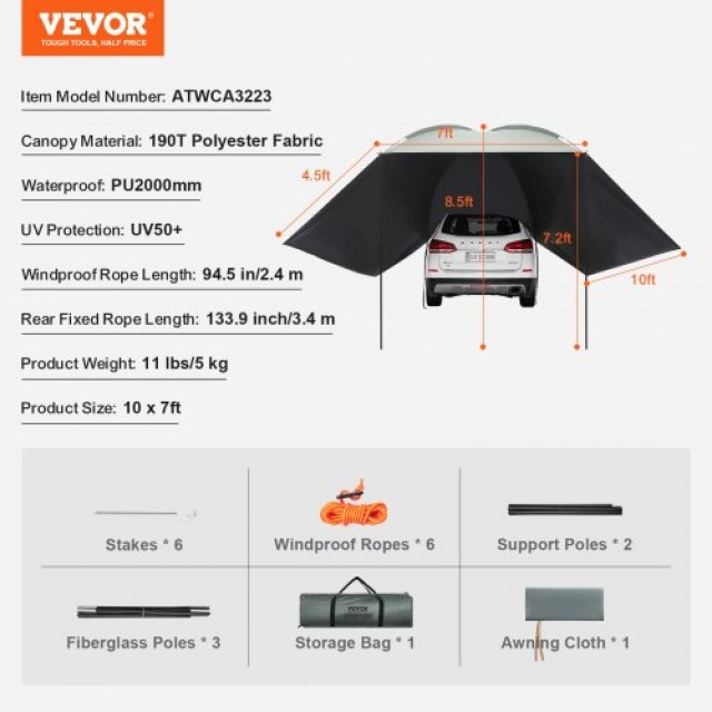 Τέντα Αυτοκινήτου VEVOR 10 x 7, UV50+ με Πλευρικές Επεκτάσεις και Τσάντα Αποθήκευσης  QCCPBXS10X7FJ8FWTV0