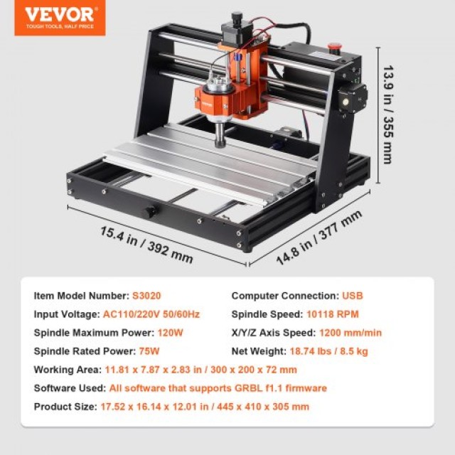 VEVOR  Μηχάνημα CNC Router 300x200x72mm, 120W, 3 Άξονες GRBL, 1200RPM, Offline Controller για Ξύλο, Ακρυλικό, MDF, PVC, Πλαστικό Αφρό SKDKJ3020CMURZ4TWV2