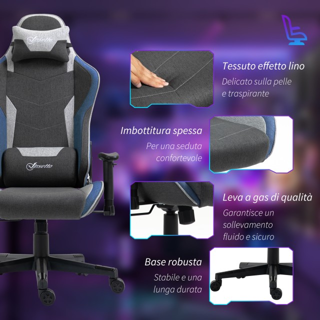 Vinsetto  Καρέκλα Gaming με ανάκλιση 150° και λειτουργία κουνήματος, από ύφασμα με υφή λινού, 66x53x128-138 εκ., Γκρι  921-566V00BU
