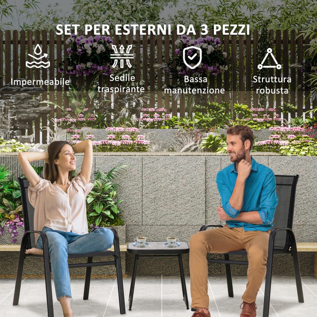Outsunny Σετ κήπου 3 τεμαχίων με τραπεζάκι σαλονιού και 2 στοιβαζόμενες καρέκλες, ατσάλι και διάτρητο ύφασμα, μαύρο 84G-029V00BK