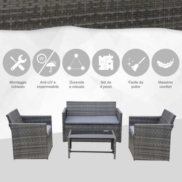 Outsunny σετ επίπλων κήπου σε καναπέ PE Rattan Grey με 2 πολυθρόνες...