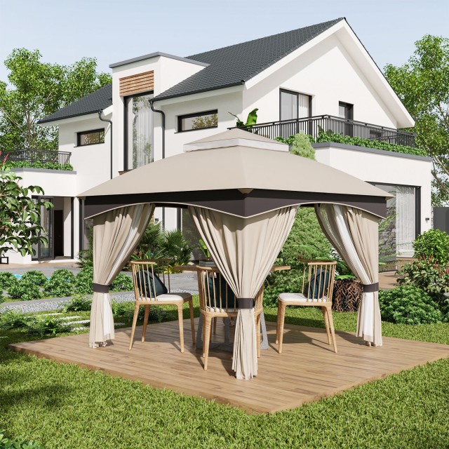 Outsunny 3x3m Steel Garden Gazebo με διπλό κουβούκλιο, πλέγμα και κουρτίνες που περιλαμβάνονται, μπεζ και γκρι 84C-368V00BG
