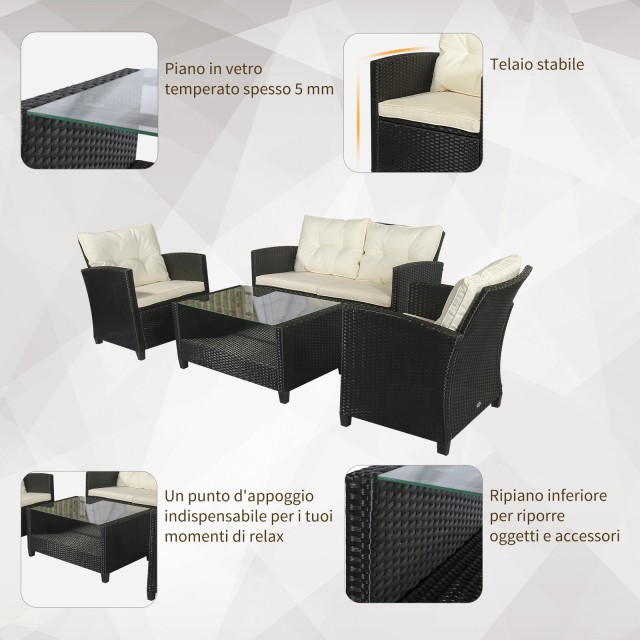 Outsunny Σετ Έπιπλα Κήπου 4 τεμαχίων σε PE Rattan Τραπεζάκι σαλονιο...