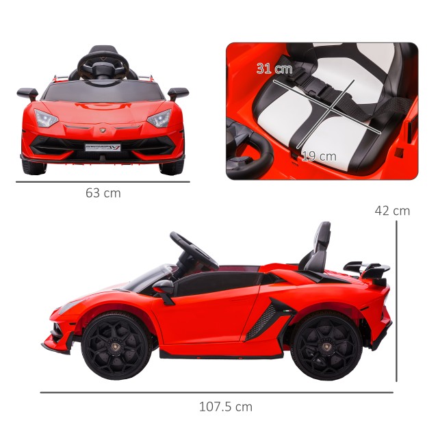 HOMCOM 12V Lamborghini Licenseded Electric Ride-On Toy Car for Children με Κόρνα και Τηλεχειριστήριο, 107,5x63x42 cm, Κόκκινο 370-306V90RD