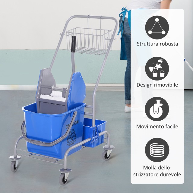 Homcom Professional Cleaning Cart with 25L Bucket and Wringer, Blue 720-010