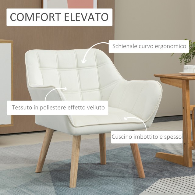 Πολυθρόνα Scandinavian Design HOMCOM σε Ξύλο και Κρεμ βελούδο εφέ, για σαλόνι ή γραφείο, 68,5x61x72,5 cm 833-799V00CW