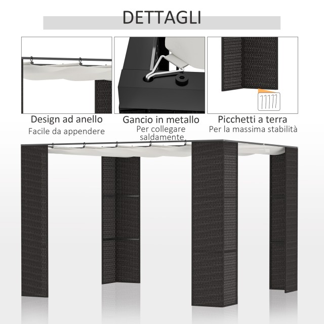 Outsunny Gazebo Garden Pergola με Συρόμενη Τέντα, Μεταλλική και Ρατάν Κατασκευή PE 2,98x2,98x2m, Μαύρο 84C-288BK